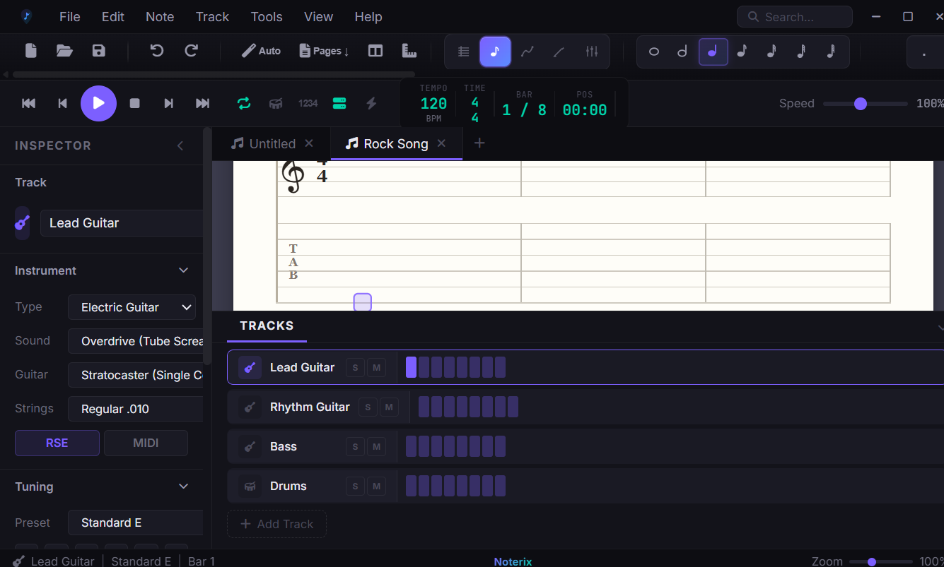 Noterix editor — Rock Song with Lead Guitar, Rhythm Guitar, Bass and Drums tracks